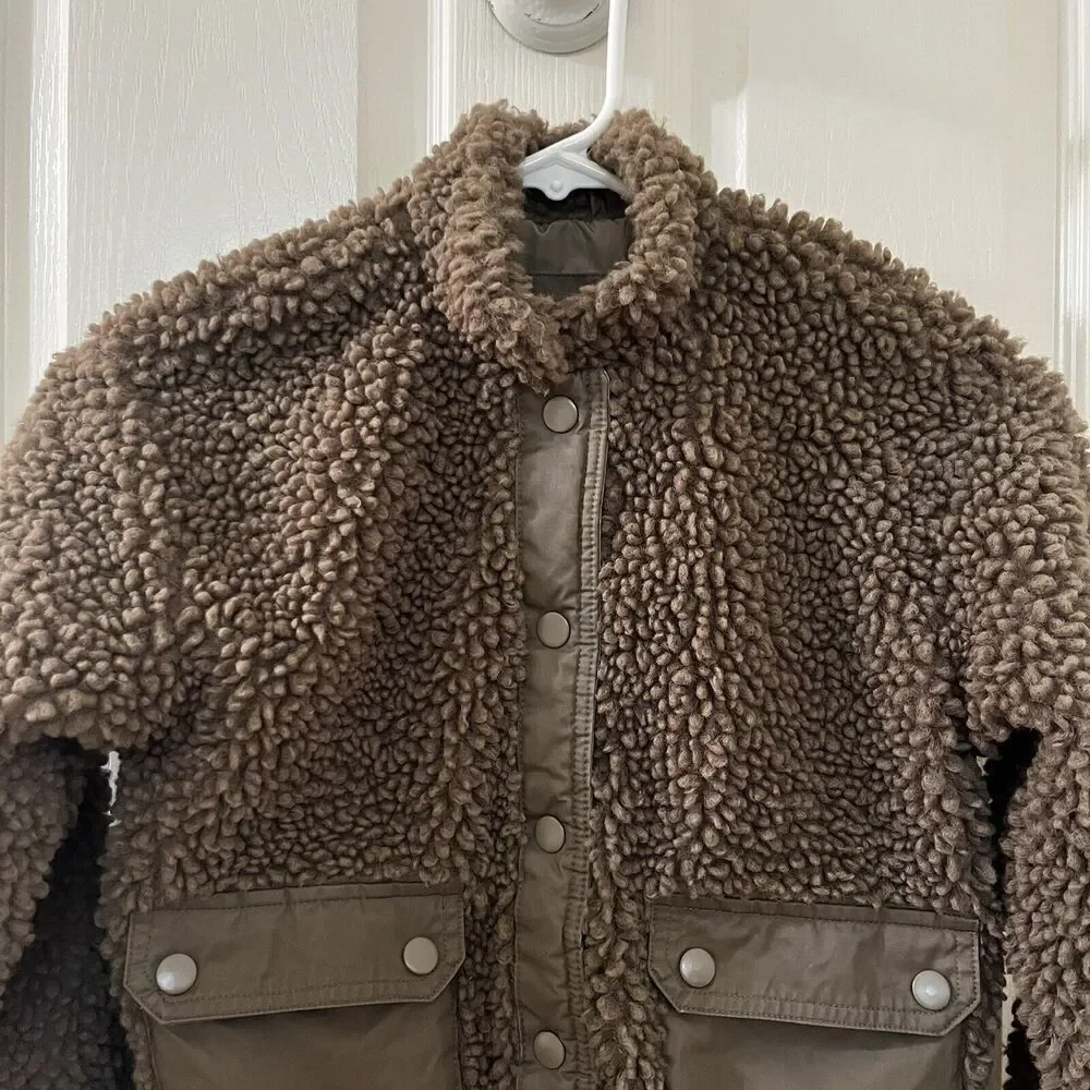 Art Class Sherpa Bomber Jacket Olive Green Snap Front Girls Size Medium 7-8